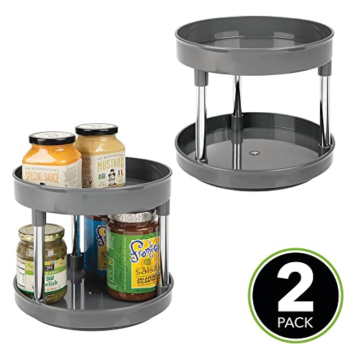 Mdesign 2-Tier Lazy Susan Turntable For Kitchen Cabinets And Fridge - 9" Rotating Organizer - Raised Edge Storage Turntable Organizer For Condiments - Ligne Collection - 2 Pack - Charcoal Gray/Chrome #TOP1