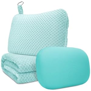 Travel Pillow Blanket Set-3 in 1 Travel Pillow Memory Foam, Soft Travel Blanket Airplane Compact with Bag, Inner Pillowcase, Hand Luggage Belts and Backpack Clip, for Plane Car, Blue Green