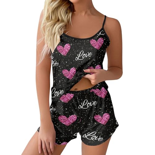 Ensemble pyjama sans manches rose imprimé cœur taille S pour femme