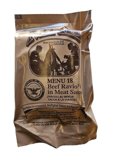 Genuine USGI Individual MRE [Meal, Ready to Eat] Inspection Date 01/2024 or Newer - You Choose Menu - Complete Ration with Entree, Snacks, Dessert, Drink Mix, Utensils, Condiments and FRH. (#18 Beef Ravioli)