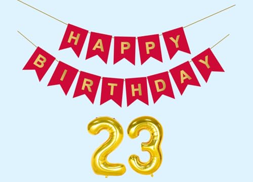 Image of 23rd Happy Birthday Decoration Kit Red for 23 year Old Boys Girls Men with Number Twenty-three Party Decorations Decor Celebration Items Item Set Combo Reusable Paper Banner