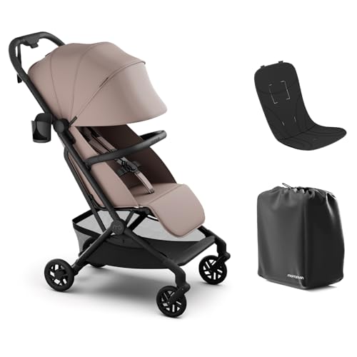 Mompush Velo Lightweight Travel Stroller, Compact & Airplane-Friendly for Baby and Toddler, Lie-Flat Seat, One-Hand Fold, with Leather Bumper Bar, Shoulder Strap, Raincover, Storage Bag & Cup Holder
