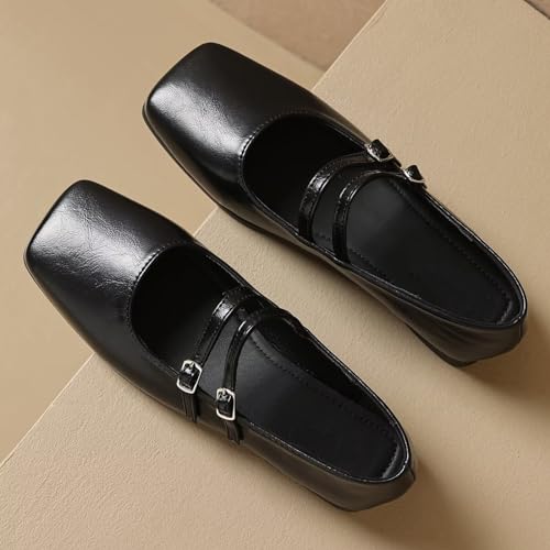 WENJIAZHIZHI Womens Squared Toe Mary Janes Adjustable Buckle Ballet Flats Solid Color Elegant Office Lady Low-Heels Wedding Dressy Shoes3
