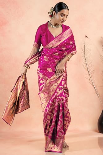 Image of Subham Women Saree Chandrakor Paithani Silk Cotton | Soft Daily Wear Golden Zari Sari with Unstitched Blouse