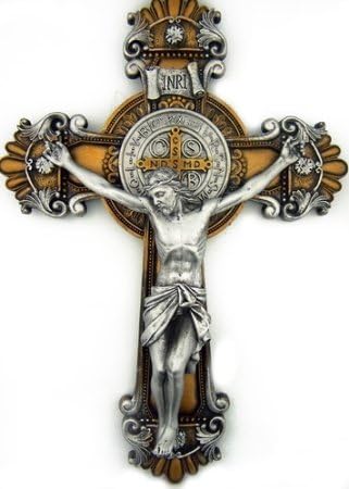 St. Saint Benedict Cross Crucifix Medal 2 Tone Wall 10"