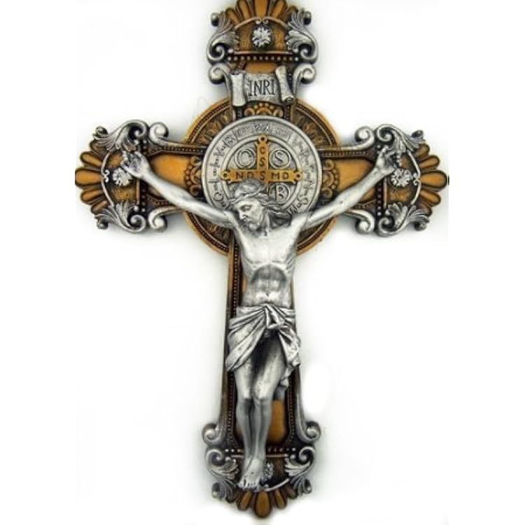 St. Saint Benedict Cross Crucifix Medal 2 Tone Wall 10&amp;#34