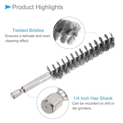 Image of Bore Brush, 15mm Dia 72mm Length, Stainless Steel Twisted Cleaning Wire Brushes with 1 /4 inch Hex Shank - (Applications: for Power Drill), 2-Pieces