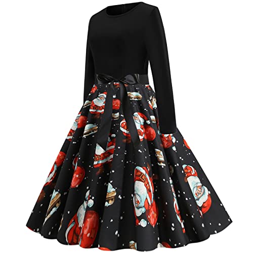 Dresses for Women 1950s Vintage Long Sleeve Christmas Print Fall A-Line Swing Prom Dress Cocktail Evening Party Dress (01 Black, M)