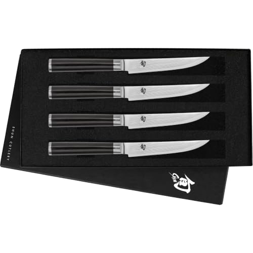 Shun Classic Steak Knife Set, 4 Piece, 4.75' Knives, Handcrafted Japanese Steak Knife Set, VG-MAX Core with Damascus Stainless Steel Cladding, Pakkawood Handle
