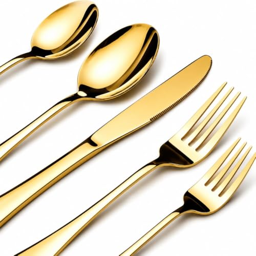 Image of 5 Pcs Gold Cutlery Set for Dining Table the Perfect Mirror Polish Hevy Duty Tableware Including Dinner Spoon, Dinner Fork, Dinner Knife, Dessert Spoon & Dessert Fork