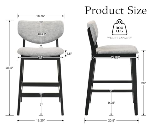 Butacos modernos de altura para barra EALSON, juego de 2 unidades, con respaldo y tapizado en tela de lino gris, estructura de madera negra, para isla de cocina, comedor o pub miniatura 2
