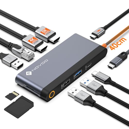 NOVOO 10 en 1 Docking Station USB C, Adaptador Multipuerto con Doble HDMI 4K, Ethernet Gigabit, PD 100W, 3*USB-A y USB-C 3.0, Lector de Tarjetas SD/TF para MacBook Pro/Air/DELL/HP