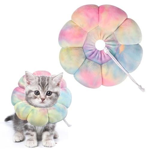 Image of Flower Cat Cone, Uadonile Adjustable Cat Cone Collar, Soft Dog Elizabethan Collar Recovery E Collar After Surgery, Recovery E-Collar for Kittens /Puppies and Cats Recovery(Tie-dye Pink Blue, S)