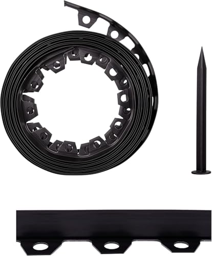 Flexible Garden Edging Border 32ft (10m) | 6cm with 20 Pegs High Black Landscape Lawn Edging | Durable Plastic Flower Bed Border Edging | Weather-Resistant & Easy-Cut Outdoor Landscape Divider