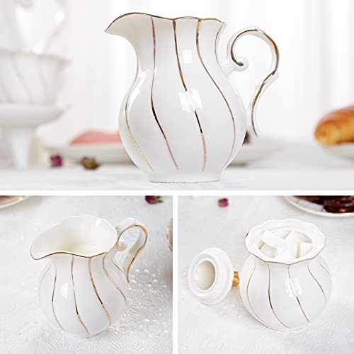 Dujust White Cream & Sugar Set, Luxury British Design In Golden Trims, 1 Sugar Bowl With Lid (12 Oz), 1 Creamer (8 Oz), Handcrafted Sugar Creamer Set, Decoration For Kitchen #TOP3