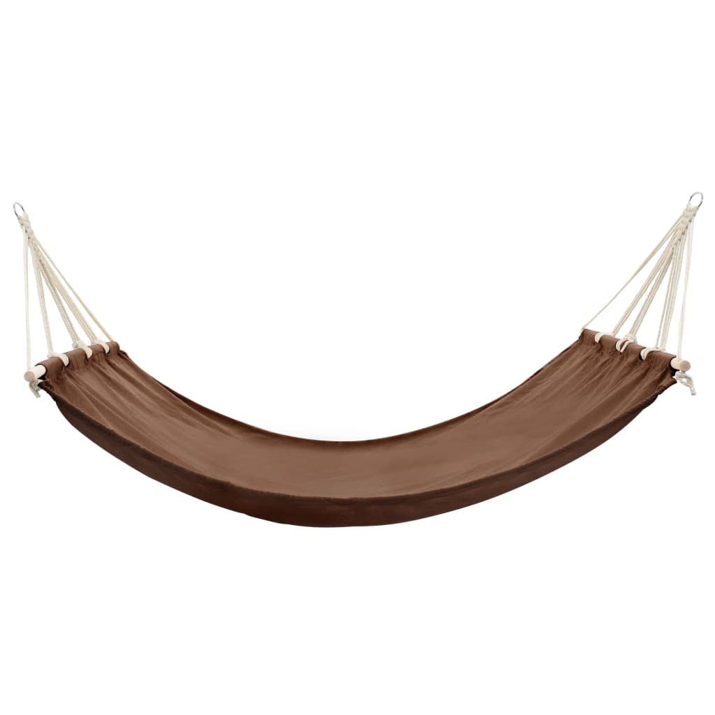 Amaca con struttura marrone, grande sdraio sospesa per giardino e balcone, amaca in cotone resistente alle intemperie, con montanti in legno, portata 150 kg, struttura stabile