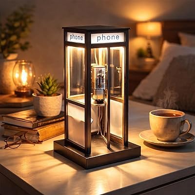 Retro British Style Phone Booth Lamp, Vintage Telephone Booth LED Night Light, Classic Decorative Desk Lamp for Office, Home, Bedroom, Bar and Unique Gift (Black)