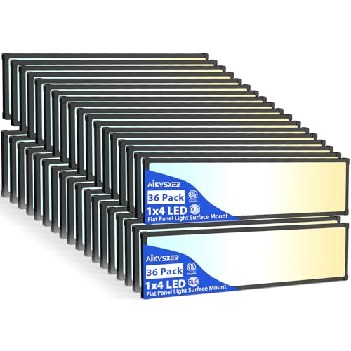 AIKVSXER 36 Pack 1x4 LED Flat Panel Light – 5500LM Ultra-Bright, Dimmable 30-50W, 3000K-6500K Adjustable, 0-10V Dimming, Slim Surface Mount Ceiling Light for Office, Home, Garage – Black Bla