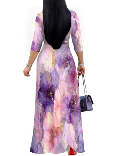 Image of PinkPatty Plus Size Maxi Dress for Women Casual V Neck 3 /4 Sleeve Boho Printed Long Dress with Pockets