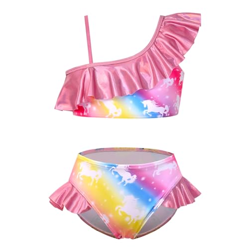 Image of CHILDRENSTAR Girls Metallic Bathing Suits Shiny Ruffles One Shoulder 2 Pieces Swimsuits Cute Bikini Set