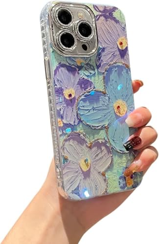 Image of VONZEE Compatible with iPhone 15 Pro Case Laser Flower Oil Painting Cute Colorful Blue Ray Bumper with Full Camera Protection Shockproof PC+TPU Glossy Shiny Cover for Girls Women, Green
