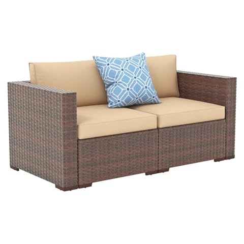 Patiorama Outdoor Wicker Loveseat 2 Pieces, All Weather Brown PE Rattan Sectional Corner Sofa Set, Additional Extra Chairs for Outdoor Sectional Sofa Set, Beige Cushion Cover