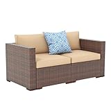 Patiorama Outdoor Wicker Loveseat 2 Pieces, All Weather Brown PE Rattan Sectional Corner Sofa Set, Additional Extra Chairs for Outdoor Sectional Sofa Set, Beige Cushion
