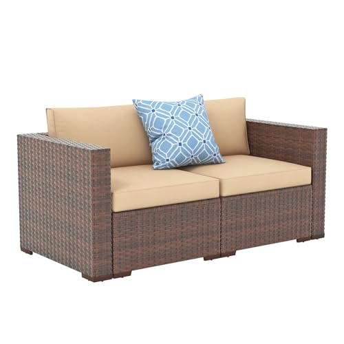 Patiorama Outdoor Wicker Loveseat 2 Pieces, All Weather Brown PE Rattan Sectional Corner Sofa Set, Additional Extra Chairs for Outdoor Sectional Sofa Set, Beige Cushion