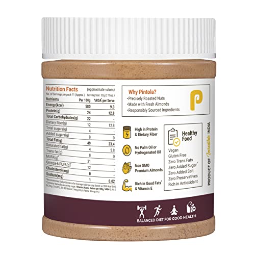 Image of Pintola Almond Butter Creamy 350g - All Natural Unsalted Butter, Healthy Almond Butter Unsweetened for Bread Spreads, Vegan
