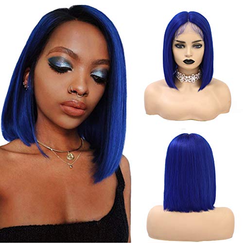 BHL Blue Bob Wigs T Part Lace Front Wigs China Virgin Human Hair 13x1x4 Swiss Lace Pre Plucked Hairline 14 Inch Blue Straight Short Bob Wigs for Women Pre Plucked 150% Density(14 Inch, Sapphire Blue)