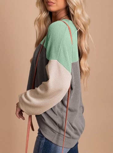 Image of Dokotoo Womens Tops Fashion 2026 Color Block Long Sleeve Shirts for Women Crewneck Knitted Casual Loose Blouses