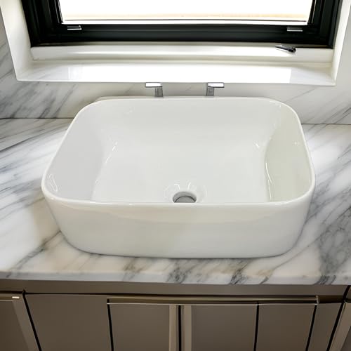 Image of SEA SHORE White Imported Ceramic Table Top Wash Basin - Slim Rim Vessel Sink for Bathroom & Living Room | 41 x 31 x 15 cm (Koshi White)