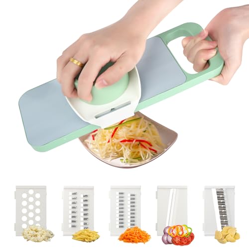 Mandolina per Verdure Professionale,Taglia Regolabile,Affetta Verdure Manuale,Taglia Verdure Manuale,Affetta Patate,Tagliaverdure in Acciaio Inox,Mandolina Regolabile con 5 Lame e Contenitore