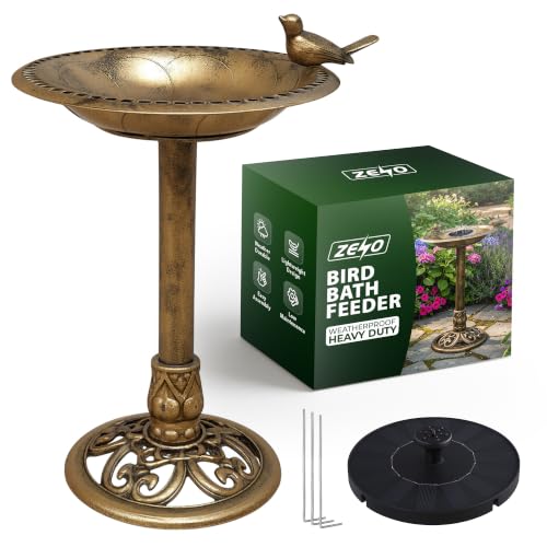 ZENO Bird Bath | Bird Bath for Garden | Antique Bronze Outdoor Birdbath with Solar Fountain Weighted Base and Sculpted Birds Accent for Attracting Wild Birds to Your Garden