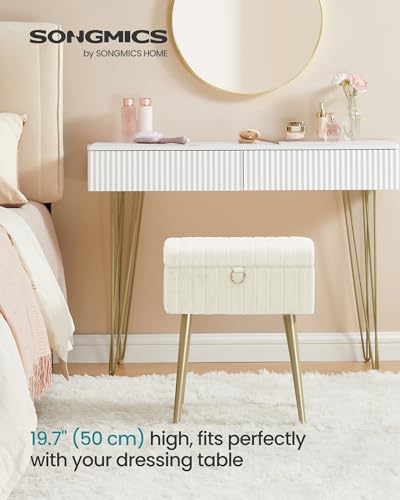 Songmics Rectanglular Vanity Stool Chair With Storage, Dressing Table Stool, Footrest Footstool Ottoman, Metal Legs, Adjustable Feet, For Living Room, Bedroom, Makeup Room, Cream White LOM505WZ03 - 3