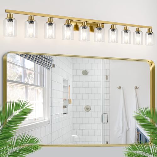 Image of Gold Bathroom Vanity Light,10-Light Brushed Gold Bathroom Light Fixtures with Clear Glass,64.5in Wall Lamp Sconces for Mirror Bedroom,Living Room Hallway,E26