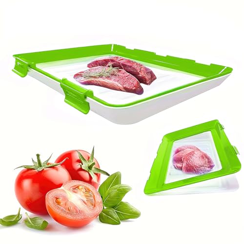 YSINOBEAR Vacuum Fresh Storage Tray,Reusable Creative Food Storage Container, 12x8.6 Stackable Food Preservation Tray with Elastic Lid with Buckle for Vegetable Fruit Meat Fish (1pc/B)