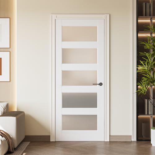 24 x 80 in Primed 5-Lite Frosted Glass Solid Wood Slab Door Without Frame and Hardware Kit