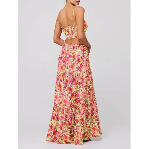Women Floral Maxi Dress Tie Front Cut Out Backless Boho Spaghetti Strap Summer Beach Sundress2