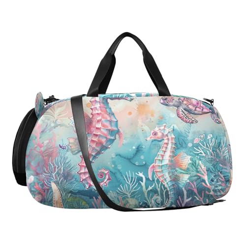 Duffle Bag for Boys or Girls with Shoes Compartment, Seahorses Turtle Watercolor Sports Travel Bag Overnight2