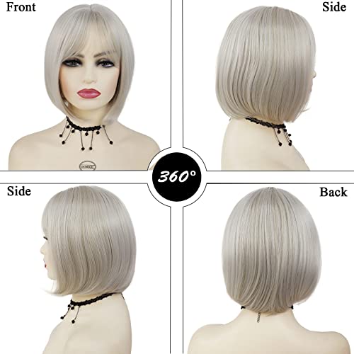 Gnimegil Platinum Blonde Bob Wig With Bangs Natural Short Hair Wigs For Women Synthetic Roleplay Costume Party Straight Wigs 11 Inch #TOP2