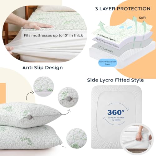 Image of AYKA Combo Pack Waterproof Mattress Protector & 2 Pillow Protectors | Queen 78x60 Inch | 100% Waterproof Aloevera Bed Protector | Breathable, Noiseless Mattress & Pillow Covers | White