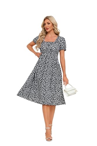 Image of Women's 2026 Summer Boho Floral Midi Dress Casual Square Neck Puff Sleeve A Line Dresses with Pockets