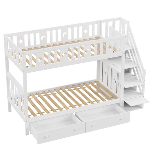 Etagenbett Kinderbett 90x200 cm, Kinderbett Hochbett mit 2 Stauraum Schubladen und Treppe Stauraum, Kinderbetten Funktionsbett Etagenbett Stockbett Kinderhochbett Jugendhochbett fur 2 Kinder, Weiß – Bild 6