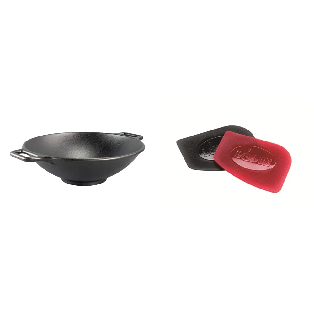 Lodge BOLD 14 Inch Seasoned Cast Iron Wok; Design-Forward Cookware & SCRAPERPK Durable Pan Scrapers, Red and Black, 2-Pack