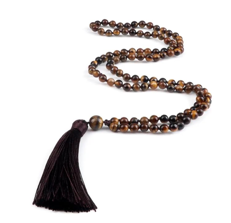 Collar de piedra de ojo de tigre de 6 mm para mujeres y hombres, 108 cuentas, collares anudados Mala, 70-80cm, Metal Zinc Hierro, Amazonita
