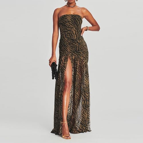Image of Womens Strapless Maxi Dress Slim High Slit Mesh Long Dress Sexy Party Club Night Out Dress 2024 Summer Vacation
