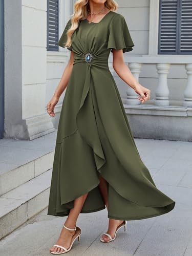 Image of QMZ Wedding Guest Dresses for Women V Neck Cocktail Dress Ruffle Sleeve A Line Evening Party Formal Dresses for Women