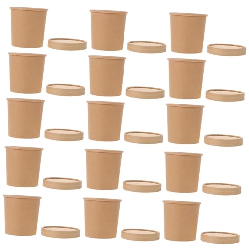 HONITANO 20個 使い捨てクラフト紙ボウル 蓋付き食品包装用スープ ご飯用テイクアウト容器 冷蔵保存対応 パーティーデザートにも適した実用