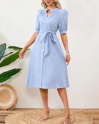 Women's Cotton Linen Midi Dress Button Down A Line Flowy Summer Holiday Long Dress with Belt2